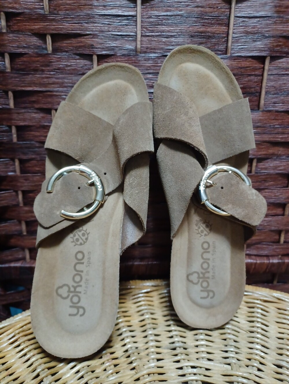 Tan Suede Slide Sandals with Gold Buckle
